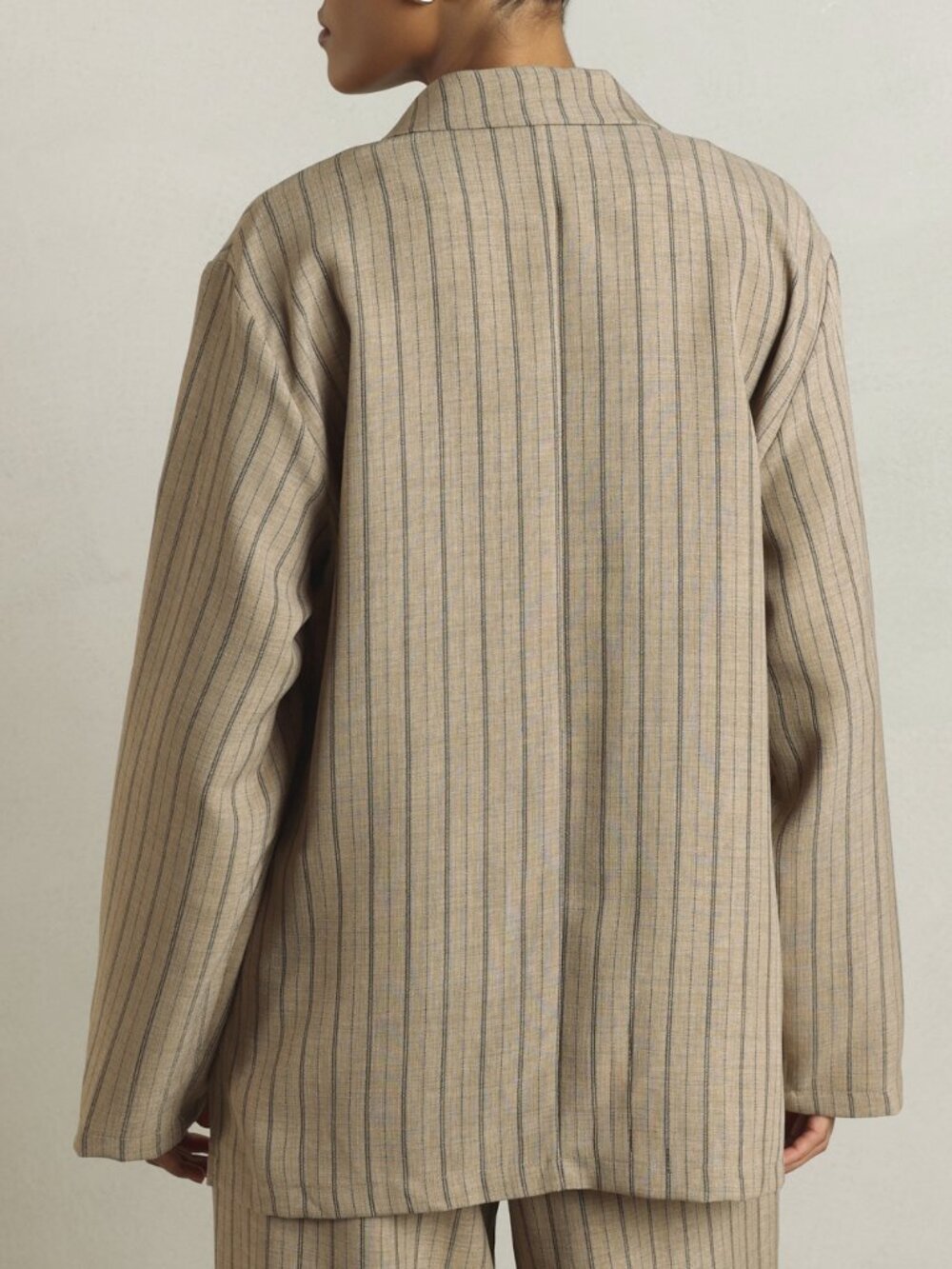 Khaki Elegant Women's Oversized Double-Breasted Pinstripe Blazer - Picture 2 of 7
